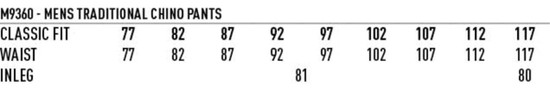 A chart displaying sizes for men's traditional chino pants, including waist and inseam measurements.