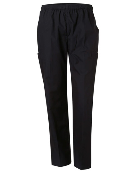 Unisex scrub pants in black, featuring an elastic waistband and two side pockets.