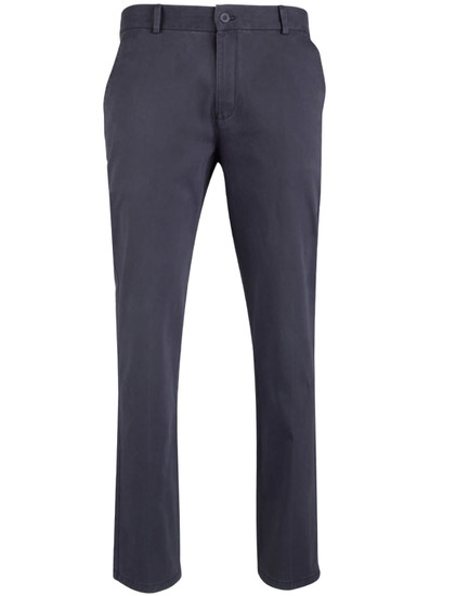 Men's chino pants in dark grey with a slim fit design, featuring a logo on the waistband.