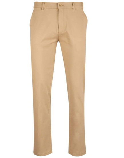 Men's chino pants in a light beige colour, featuring a button closure and pockets, with a branded logo.