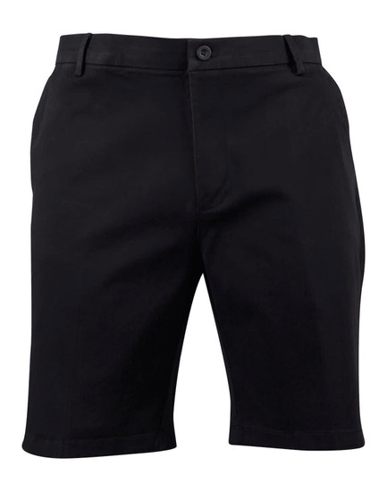 Black stretch cotton chino shorts with a front button closure and side pockets, featuring a subtle logo.