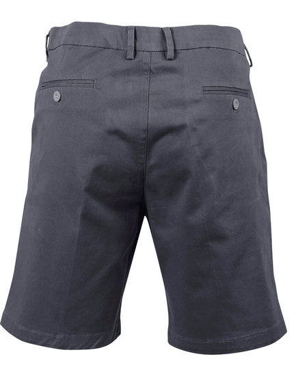 Men's stretch cotton chino shorts in dark grey, featuring a two-pocket design on the back and a logo.