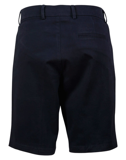 Ladies' stretch cotton chino shorts in navy, featuring a back pocket and a logo. Suitable for casual wear.