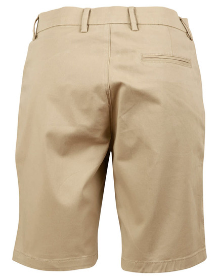 Tan stretch cotton chino shorts with a back pocket and waistband detailing. Features a logo on the waistband.