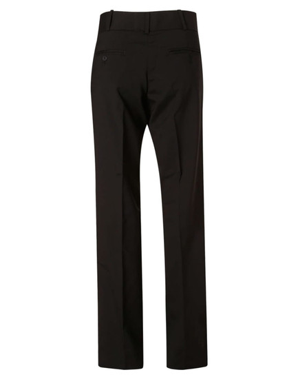 Women's low rise slacks in black wool stretch, featuring a straight leg design and back pockets.