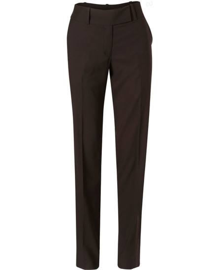 Women's low rise pants in dark brown poly/viscose stretch fabric, featuring a sleek design and a branded tag.