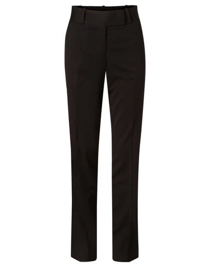 Women’s low rise pants in black poly/viscose stretch fabric, featuring a tailored design and a waistband.