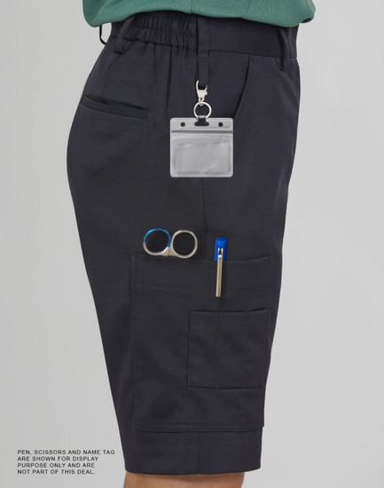 A pair of black ladies' utility cargo shorts featuring multiple pockets and a logo. Accessories are not included.