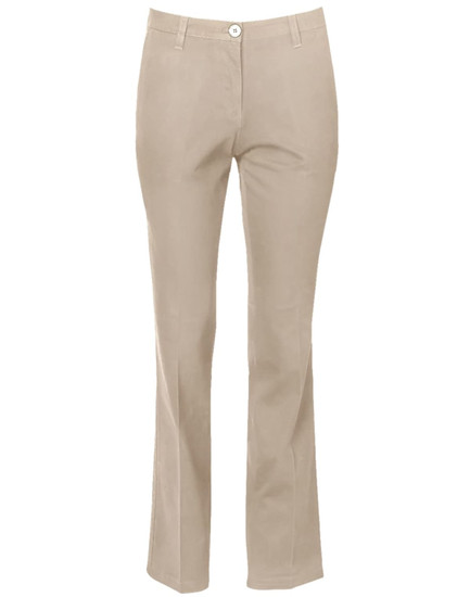 Women’s chino pants in a light beige colour, featuring a button closure and a slight flare at the hems.