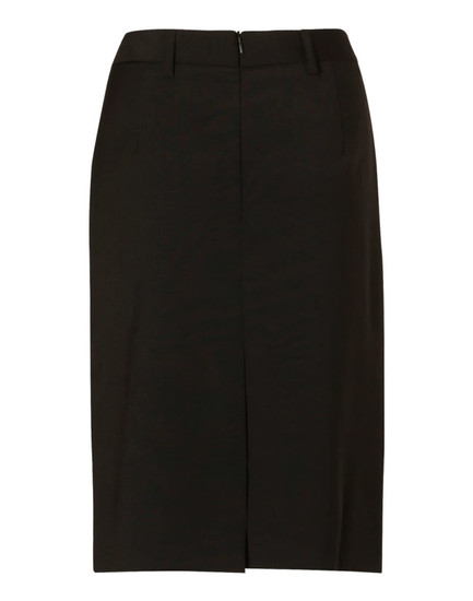A women's mid-length lined pencil skirt in black wool stretch, featuring a back zipper and a simple design.