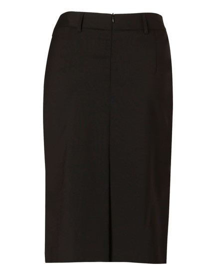 A black mid-length lined pencil skirt made from wool stretch fabric, featuring a zip closure and belt loops.