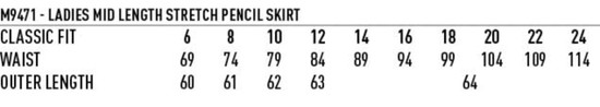 A mid-length lined pencil skirt in black, featuring a poly/viscose stretch fabric and a logo.