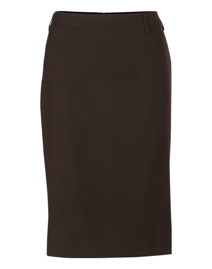 A mid-length pencil skirt in dark brown, made from poly/viscose stretch fabric, featuring a simple design and waistband.