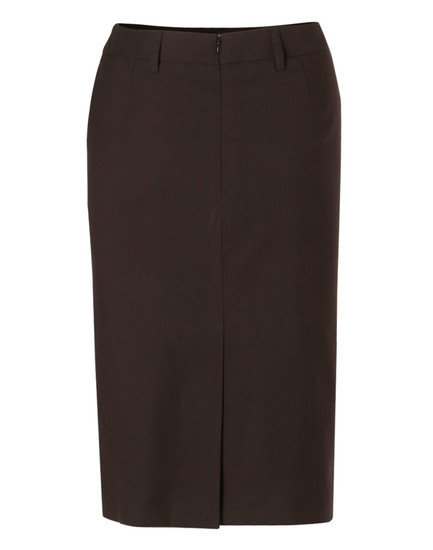 A mid-length lined pencil skirt in dark brown, made from poly/viscose stretch. Features a back zip and waistband.