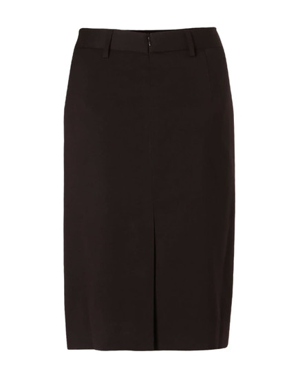 A women's mid-length pencil skirt in black, featuring a lined design and a back zip closure.