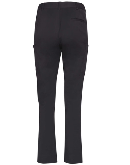 Black women's utility cargo pants with pockets, featuring a straight leg design and a logo.
