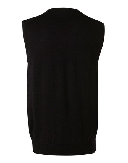 A black men's 100% Merino wool V-neck vest, featuring a sleeveless design and a fitted bottom.