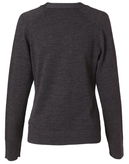 A dark grey women's 100% Merino wool long sleeve cardigan, featuring a simple, sleek design.