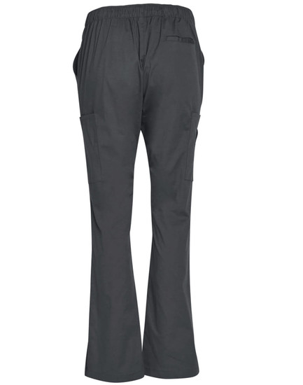 Grey ladies' solid colour scrub pants featuring an elastic waistband and side pockets. The back includes a pocket as well.