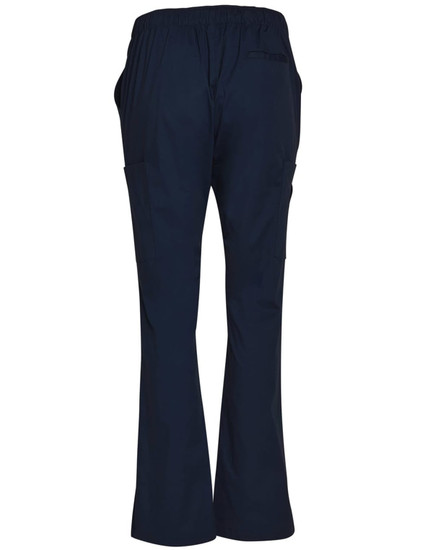 Ladies' solid colour scrub pants in navy, featuring an elastic waistband and multiple pockets.