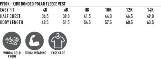 A grey fleece vest for kids features a logo, with sizes and care instructions listed.