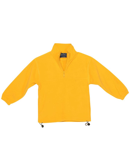 A yellow polar fleece pullover for kids with a zip neck and adjustable hem. Features a logo on the front.