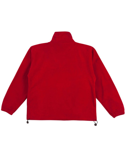 A red polar fleece pullover for kids featuring a high collar and elasticated cuffs, along with a branding logo.