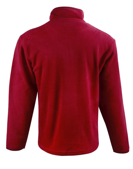 A red adult's half zip polar fleece pullover featuring a high collar and long sleeves, with a logo on the back.