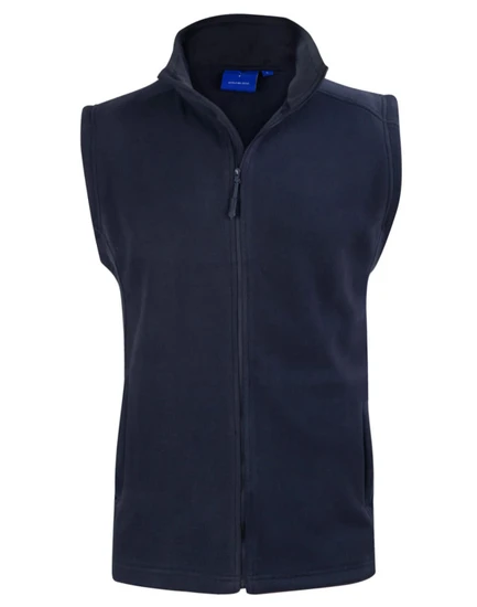 A navy polar fleece vest with a high collar and a front zip, featuring no sleeves and a logo on the chest area.
