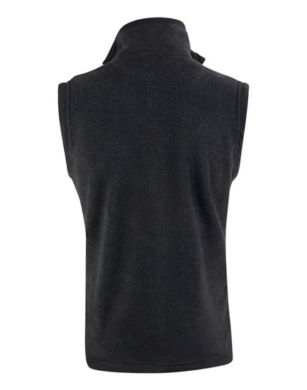 A black adult's polar fleece vest featuring a high collar and no sleeves, with a logo on the back.