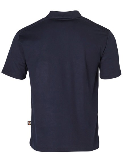 A navy blue short-sleeved polo shirt with a logo on the side. The back view features a classic collar design.
