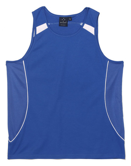 A blue men's singlet featuring mesh panels and contrasting white accents. It includes a label with branding.