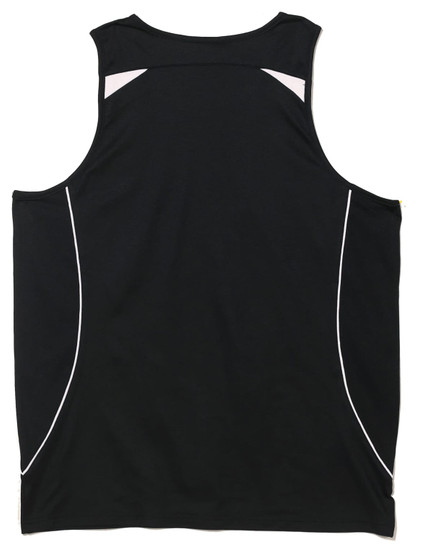 A black men's singlet featuring white accents and a logo. Ideal for fashion and active wear.