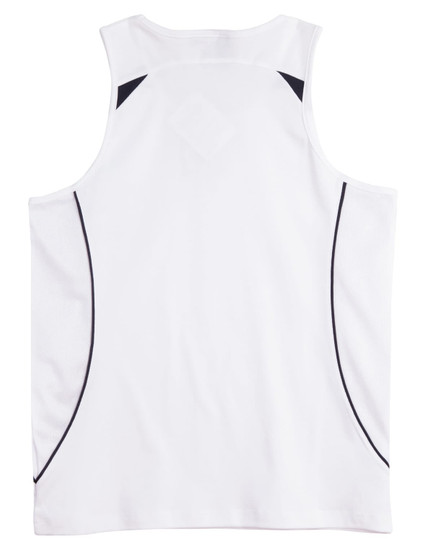 A white men's singlet with black accents and a logo. It features a sporty design and breathable fabric.