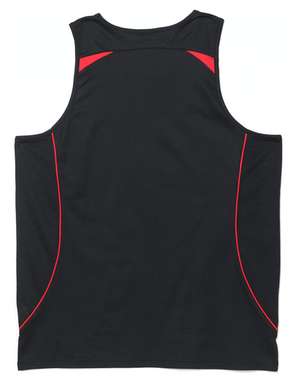 A black men's singlet with red detailing and a logo on the back.