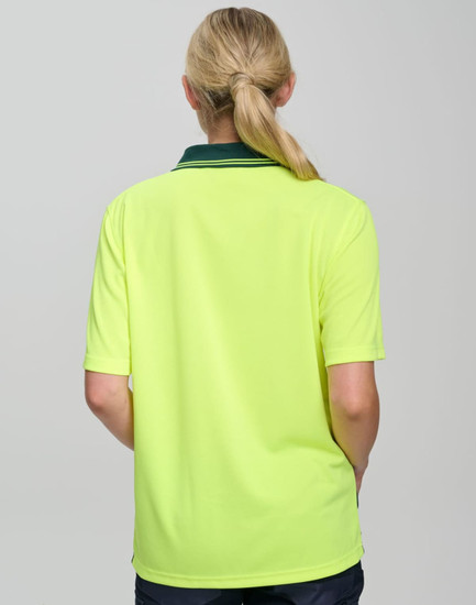 A Hi-Vis short-sleeve polo shirt in bright yellow, featuring a contrasting collar and a logo on the back.
