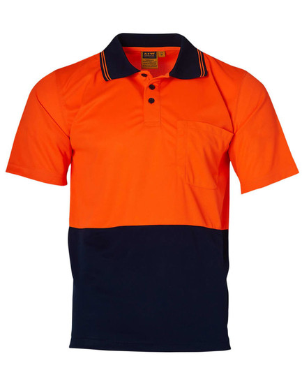 A short-sleeved safety polo shirt in high visibility orange and navy, featuring a collar and a chest pocket.