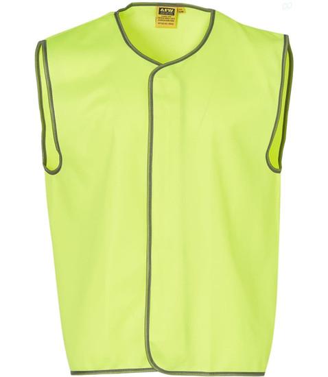 A hi-vis safety vest in bright yellow with grey trim, featuring a sleeveless design and a logo.