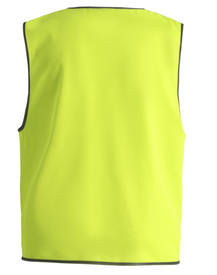 A hi-vis safety vest in bright yellow, featuring sleeveless design and a contrasting trim, with a logo.