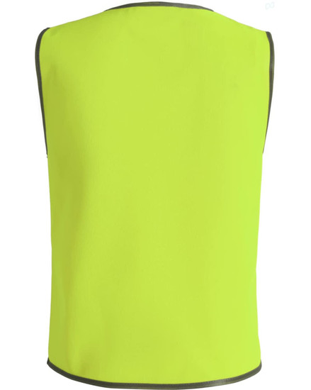 A bright yellow safety vest featuring grey trim and a simple design. It includes a logo.