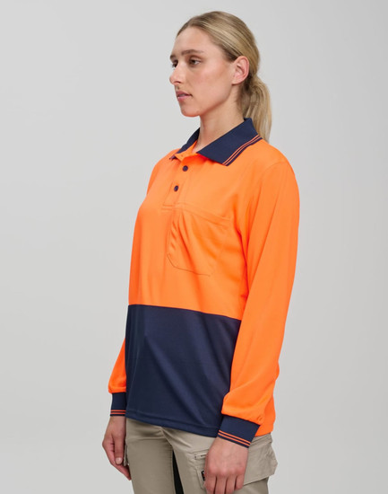 Hi-Vis cooldry safety polo shirt in bright orange and navy, featuring long sleeves and a small pocket. Has branding.
