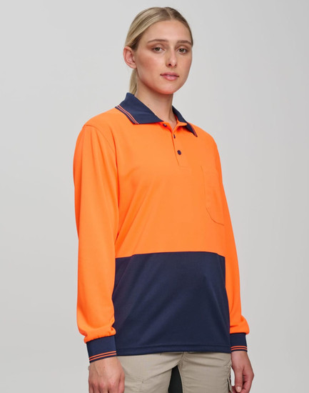 A long-sleeve polo shirt featuring high visibility orange with navy blue accents, and includes a logo on the chest.