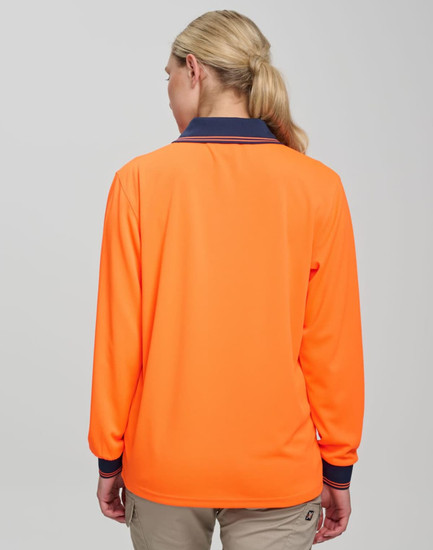 A long-sleeve, high-visibility polo shirt in orange with navy collars and a branding logo.
