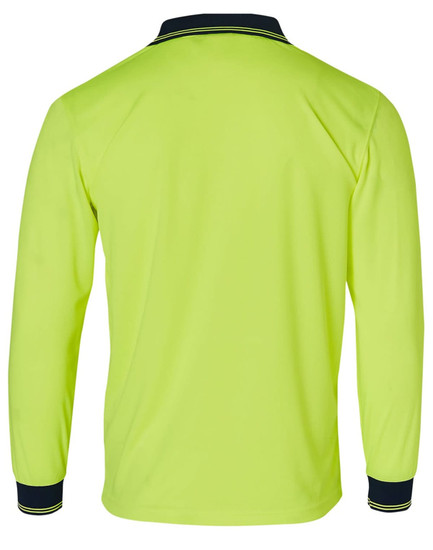 A Hi-Vis long sleeve safety polo in bright yellow with navy collar and cuffs, featuring a logo.