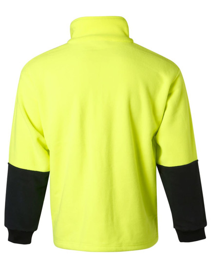 A Hi-Vis polar fleece half zip pullover in fluorescent yellow with black sleeves and a logo.