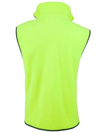 A bright yellow two-tone polar fleece vest with a high collar and contrasting trim, featuring a logo.
