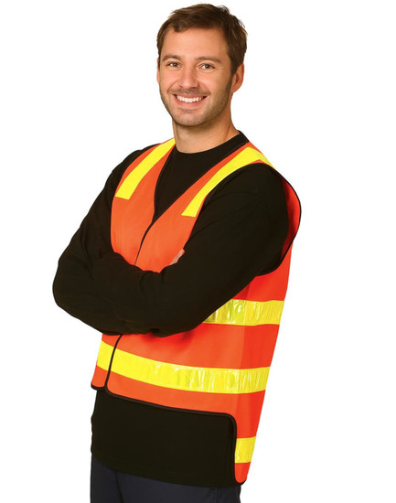 A high-visibility orange safety vest with reflective yellow stripes, worn by a smiling man.