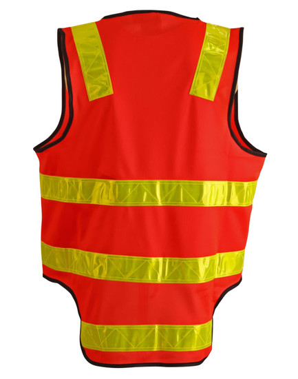A high-visibility orange safety vest featuring reflective yellow stripes and a logo. Suitable for road safety.