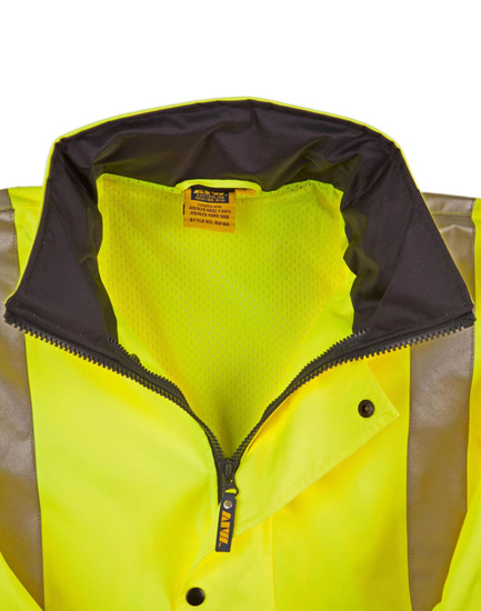 A hi-vis yellow rainproof safety jacket featuring 3M reflective tapes and a zip collar. It includes a logo.