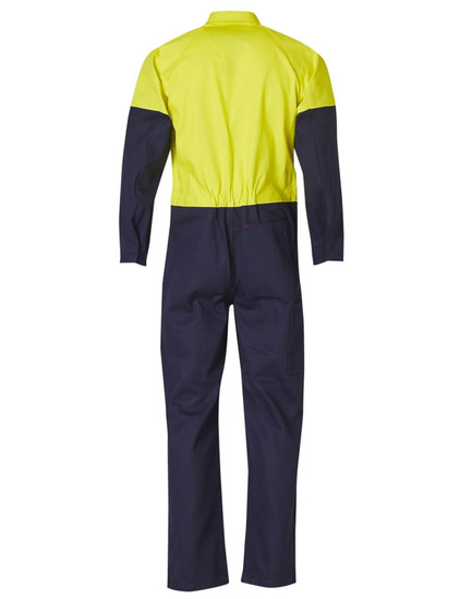 A men's cotton drill coverall in hi-vis yellow and navy, featuring long sleeves and a back view. It includes a logo.